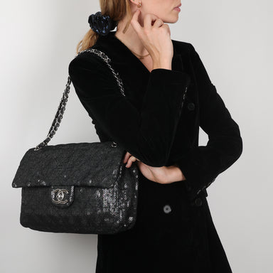 Chanel Hidden Sequins Mesh Jumbo Classic Flap Shoulder Bag